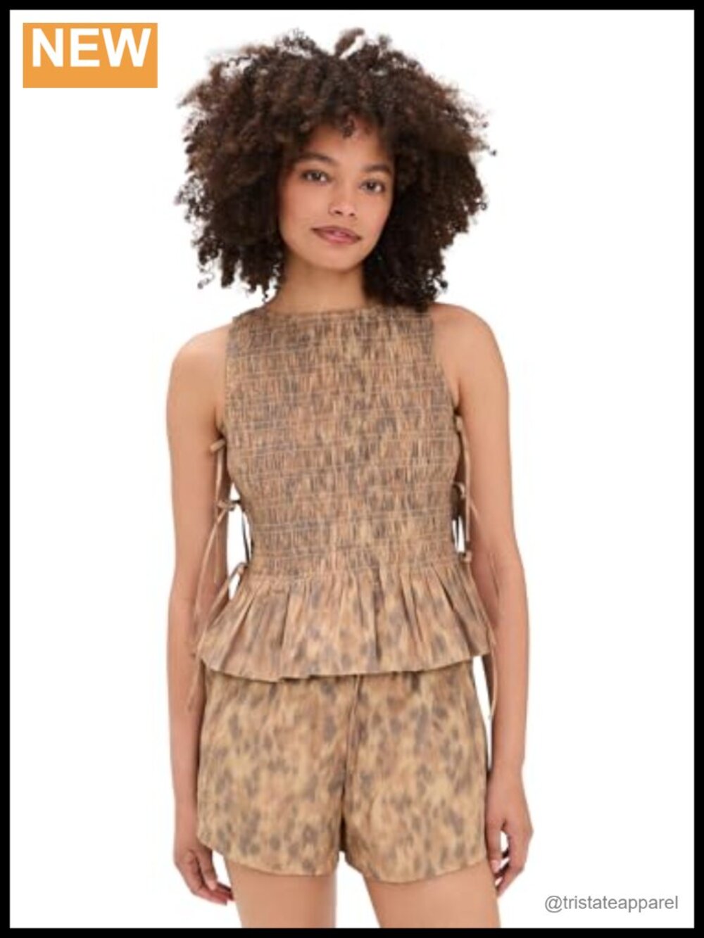 Smocked Tie String Top Leopard Print Sleeveless Blouse